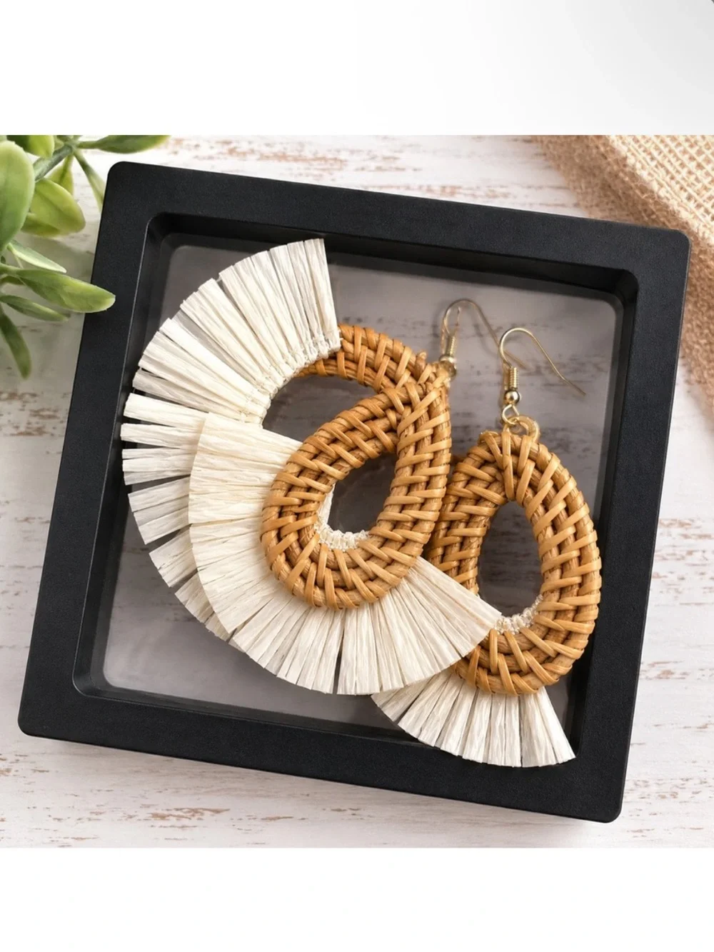 NWOT Woven Rattan Teardrop Fringe Earrings in Natural and Cream - Picture 1 of 1